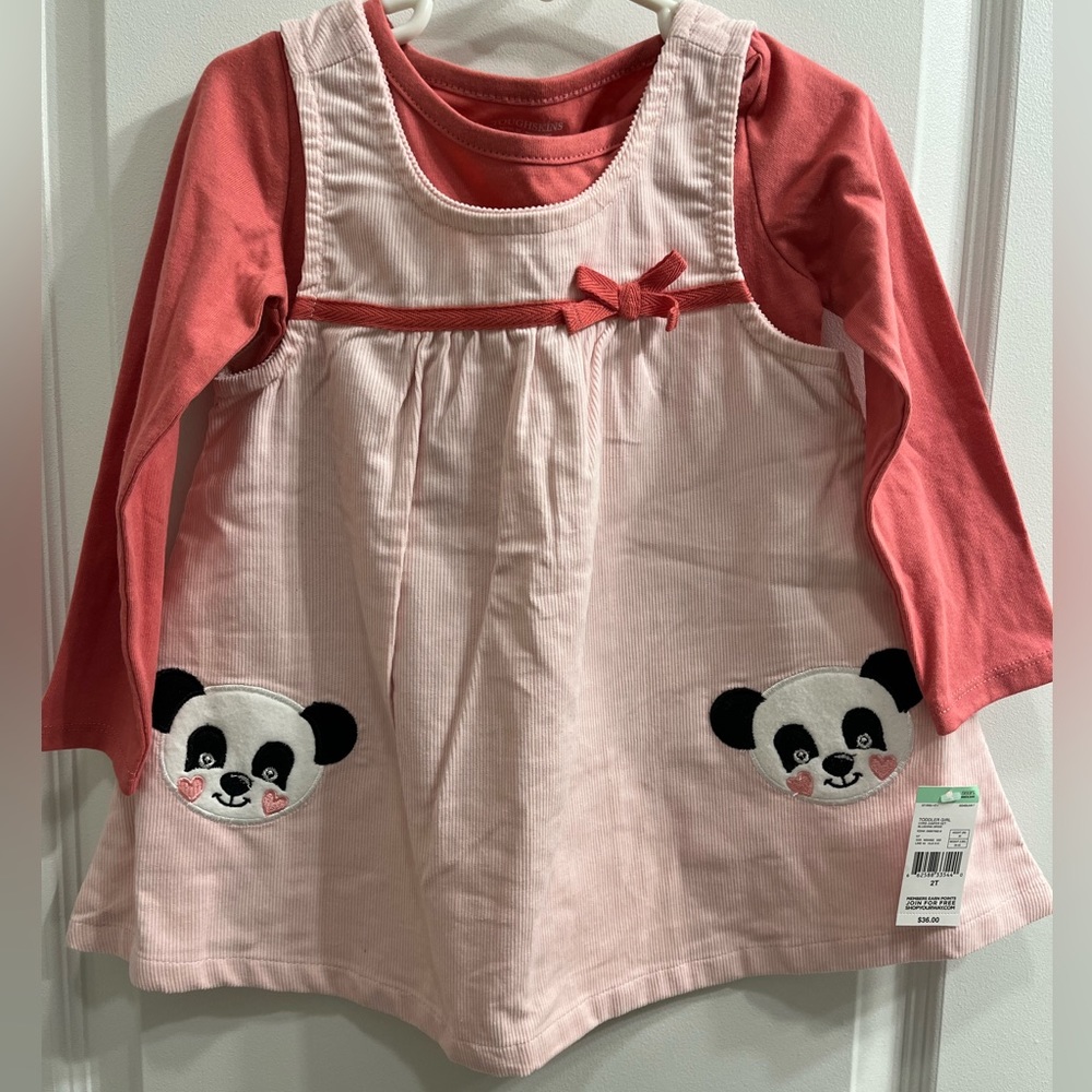 Toughskins 2 Piece Corduroy Pink Panda Dress With Long Sleeve Top NWT 2T Girls